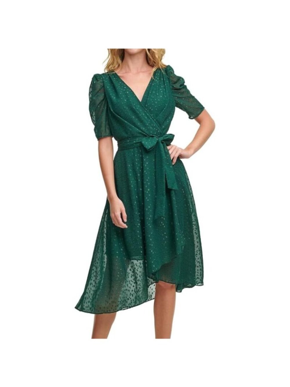 NWT Tommy Hilfiger Womens Green Glitter Dot Chiffon Tie-Waist Midi Dress Size 4